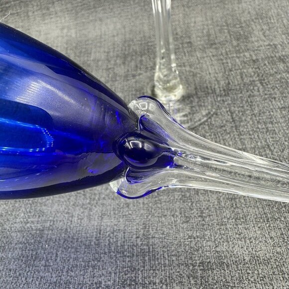 Cobalt Blue Glass Champagne Flutes Clear Tulip Ornate 4 Sided Stem Lot of 2 8" - Picture 5 of 11